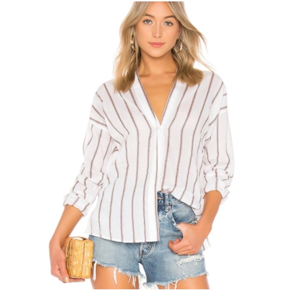 Vince Women’s Striped V Neck Relaxed Fit Linen Cotton Button Down Blouse Medium